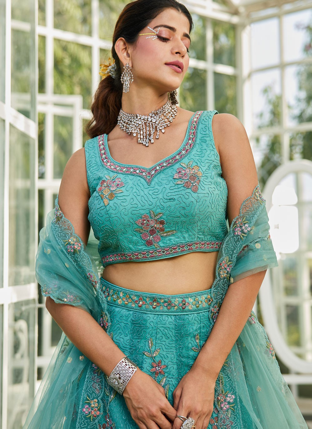 Beads Net Green Lehenga - L3384