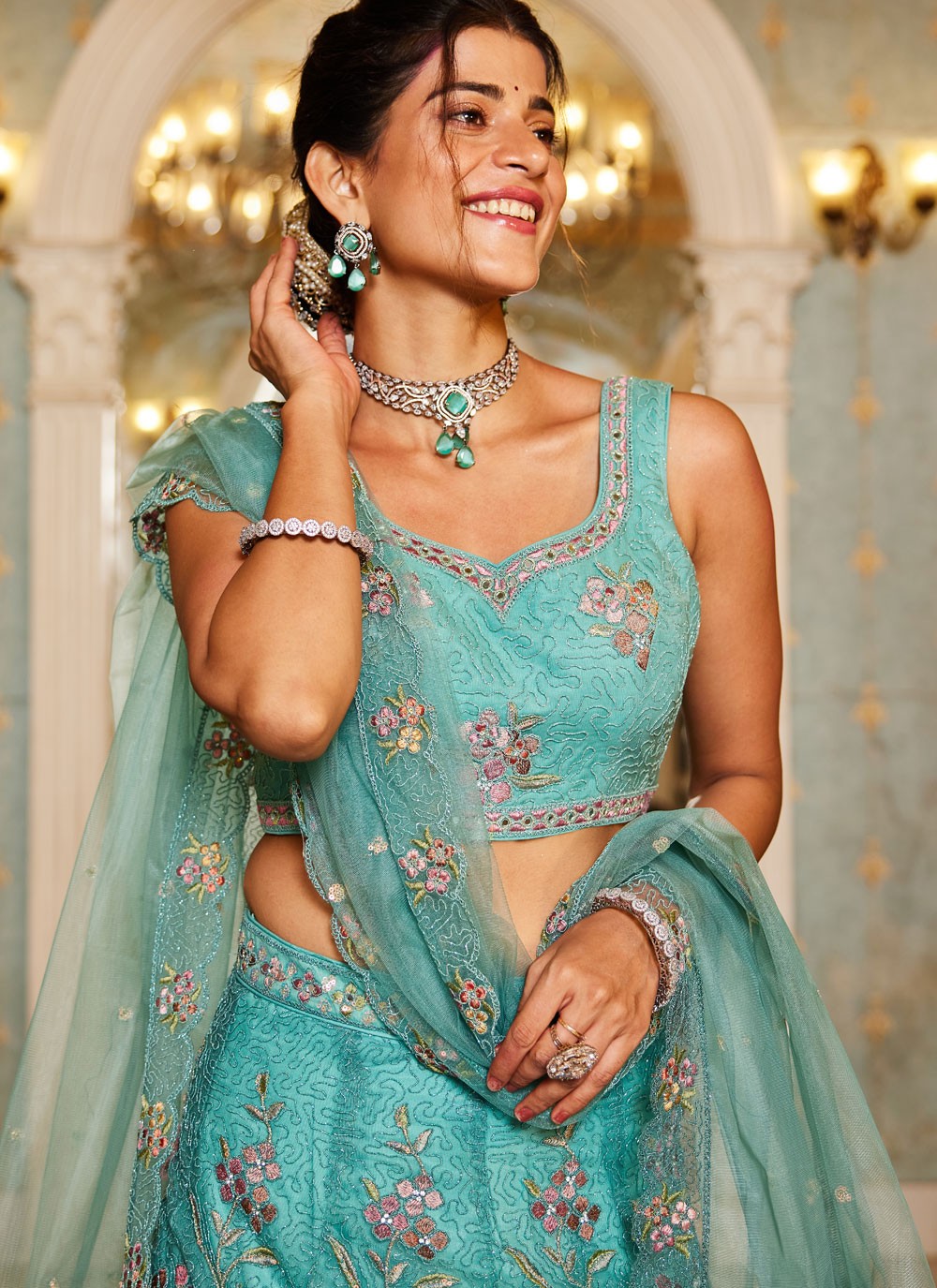 Beads Net Green Lehenga - L3378