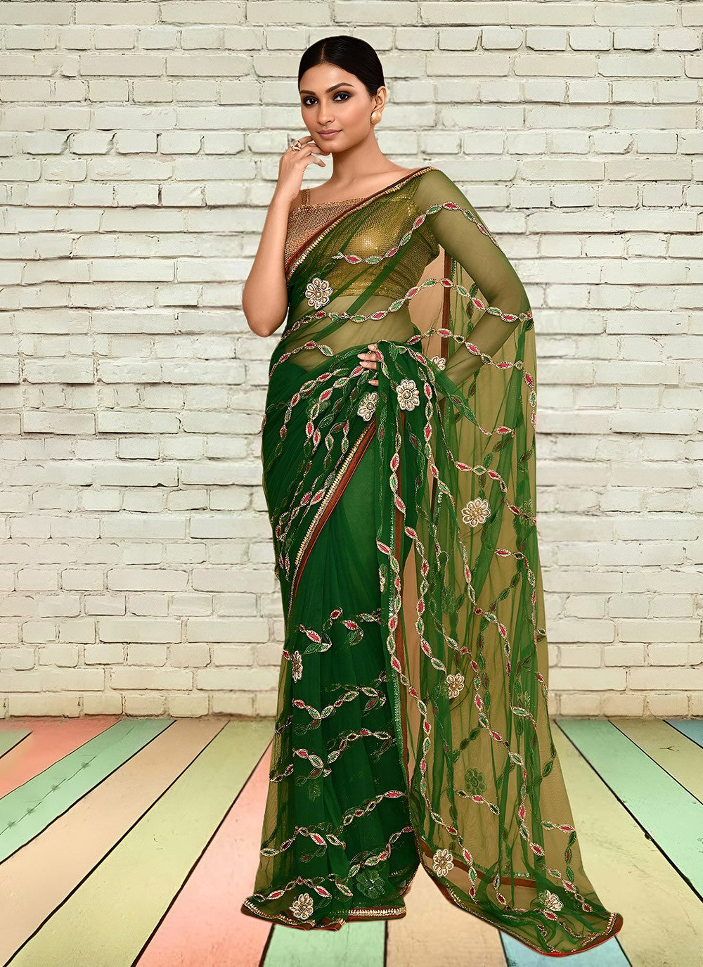 Hand Embroidery Net Green Saree S14277