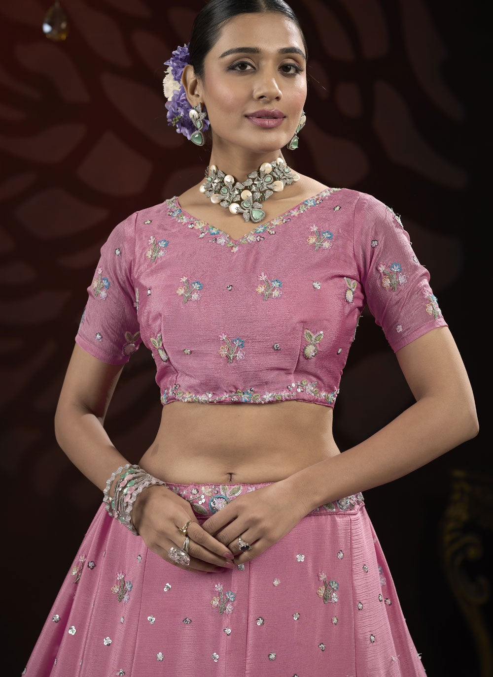 Embroidered Net Hot Pink Lehenga - L3214