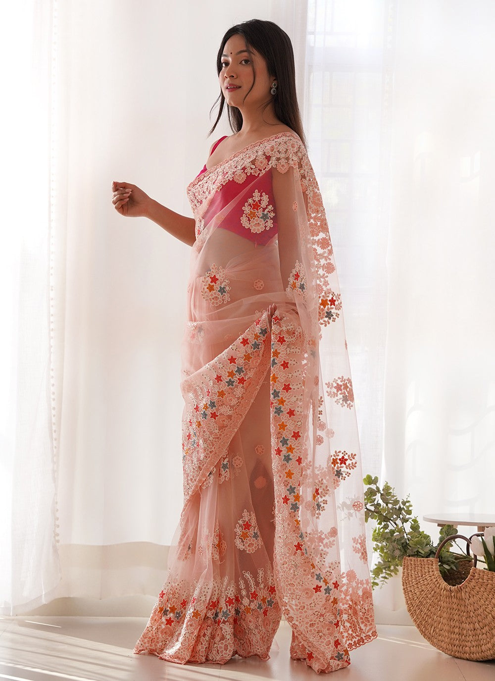 Peach Net Classic Saree Embroidered, Thread S19071