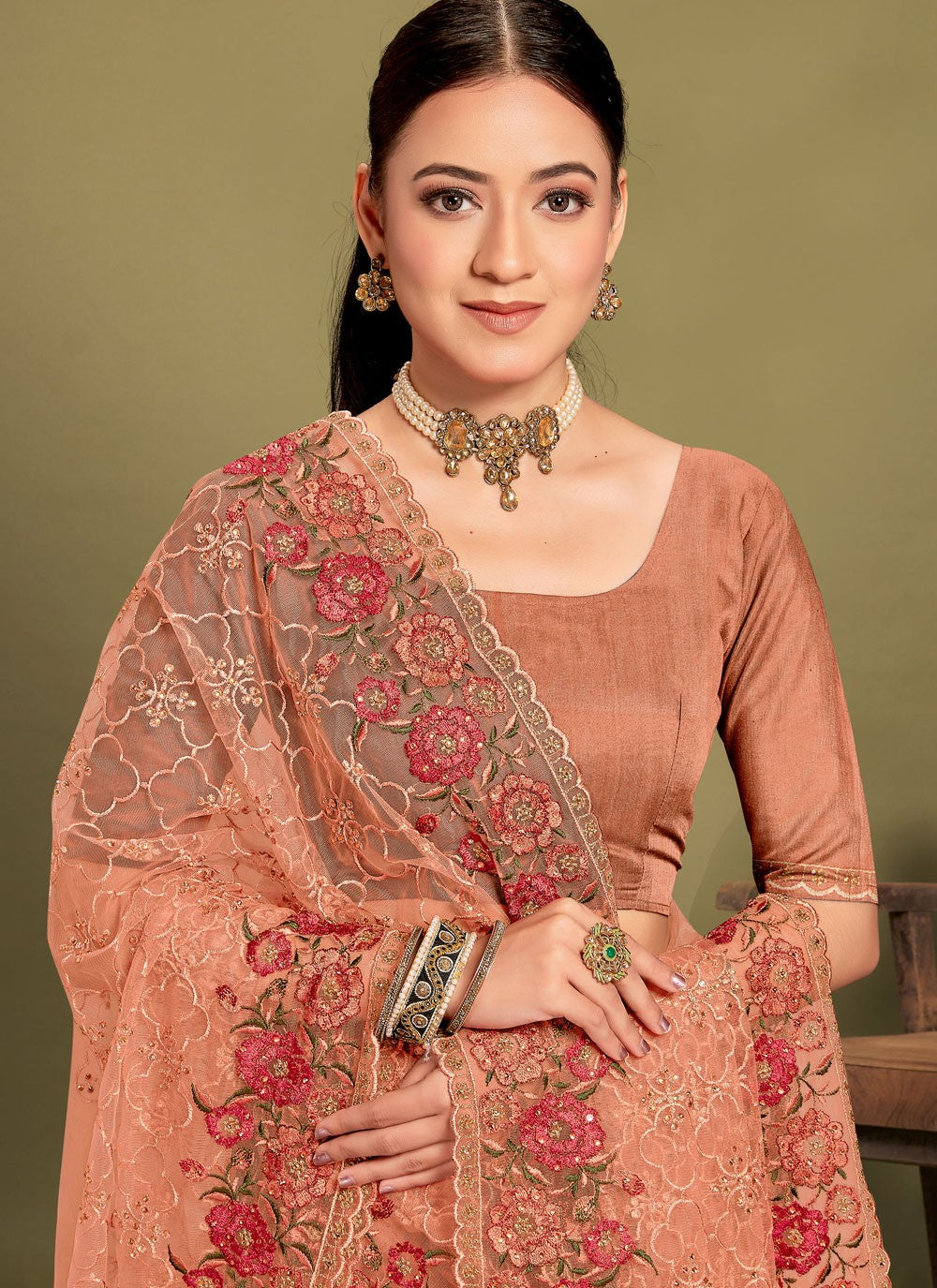 Cut Work Net Peach Saree S14465