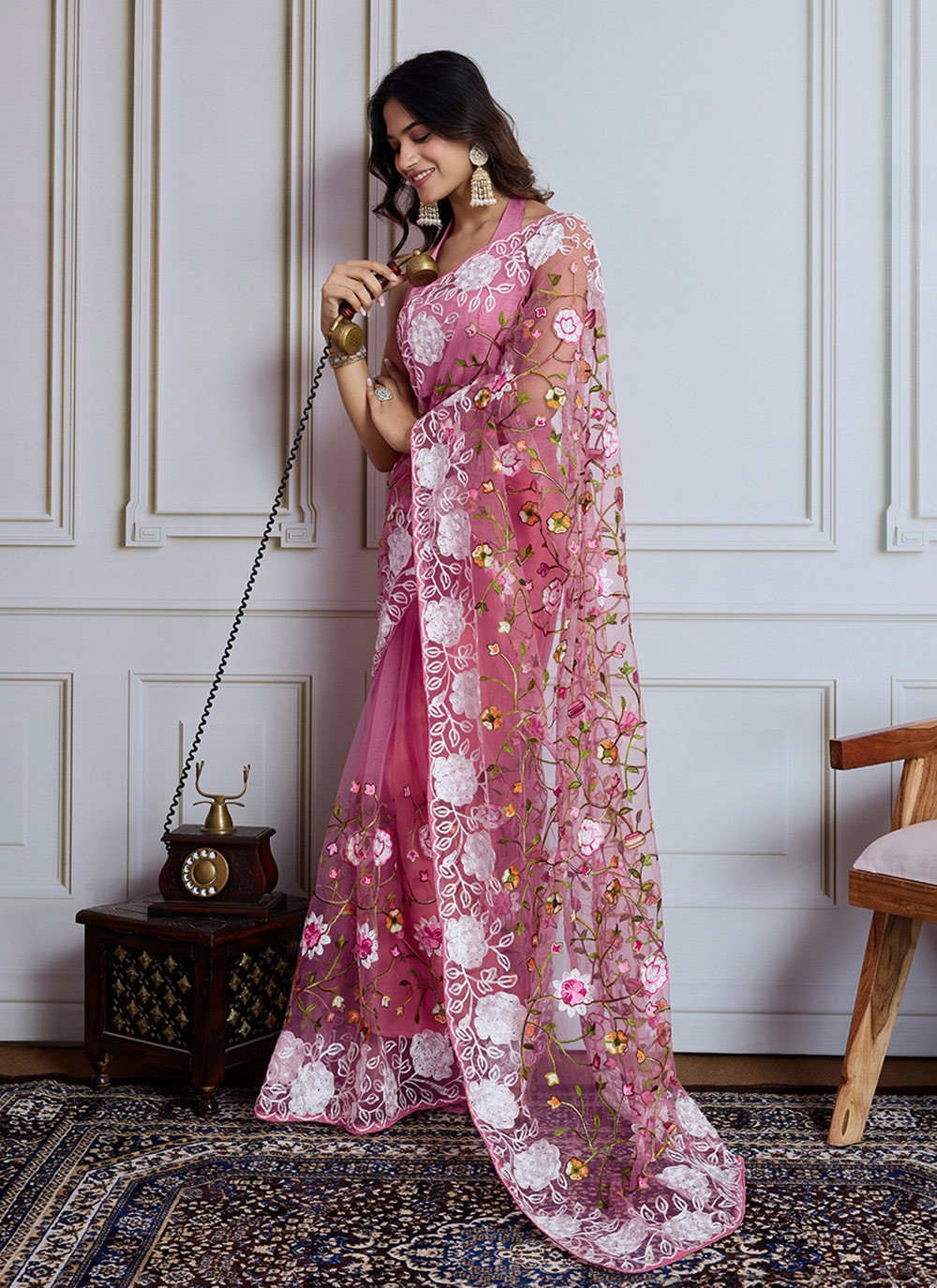 Embroidered Net Pink Classic Saree S14988