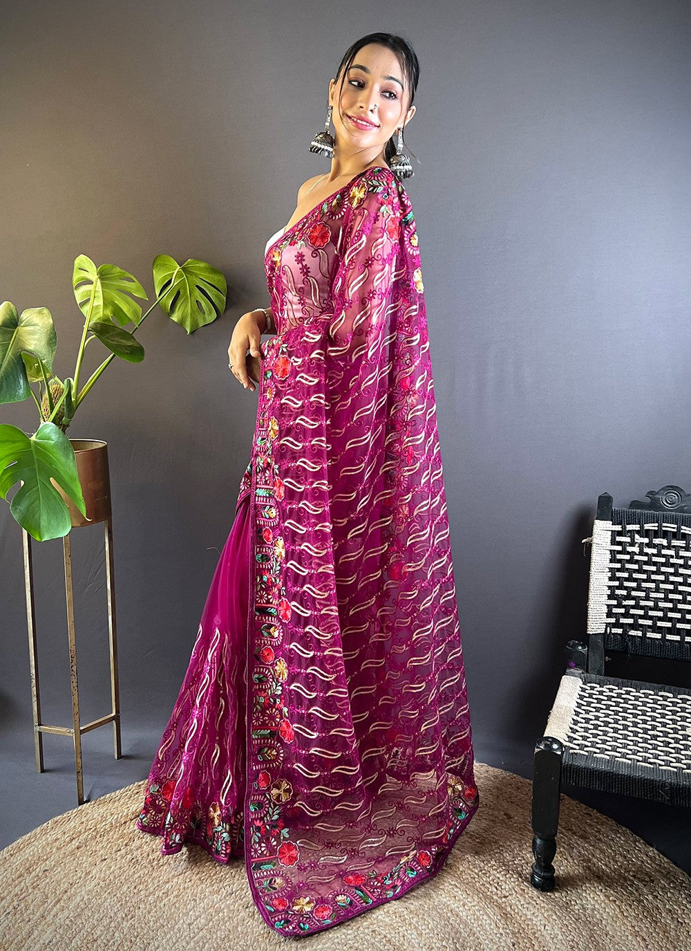 Embroidered, Thread Net Saree - S11645