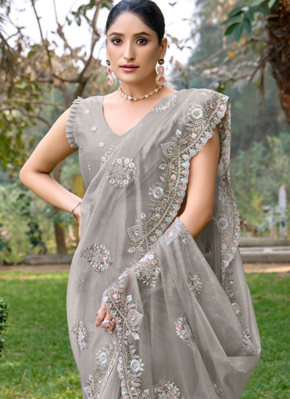Designer Cut Work Silver Net Saree S13450