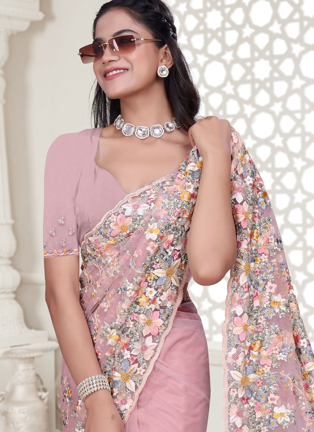 Pink Net Traditional Saree Cut Work, Embroidered, Resham, Stones, Zircon S17806