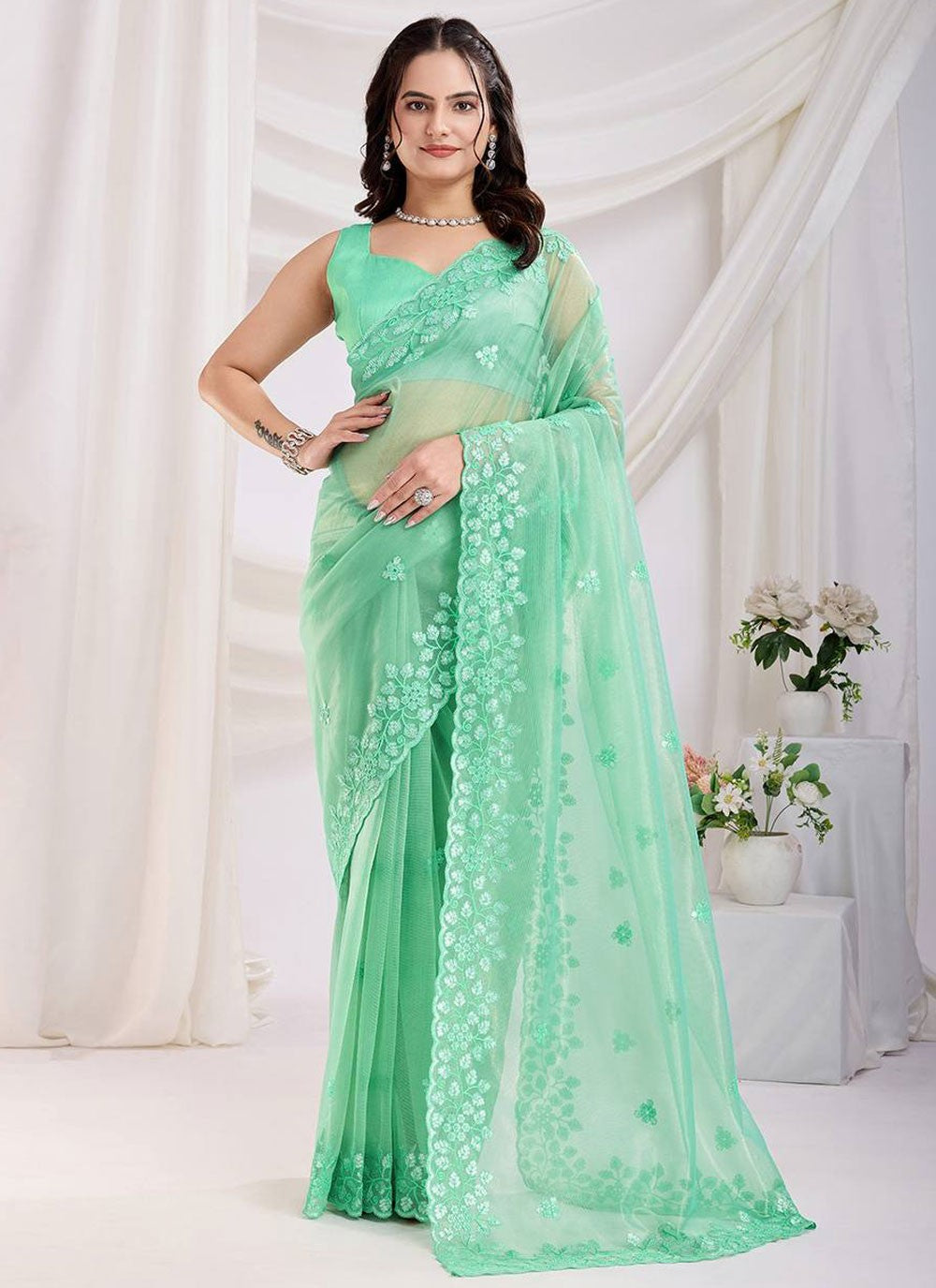 Cut Work Net Turquoise Saree S14029