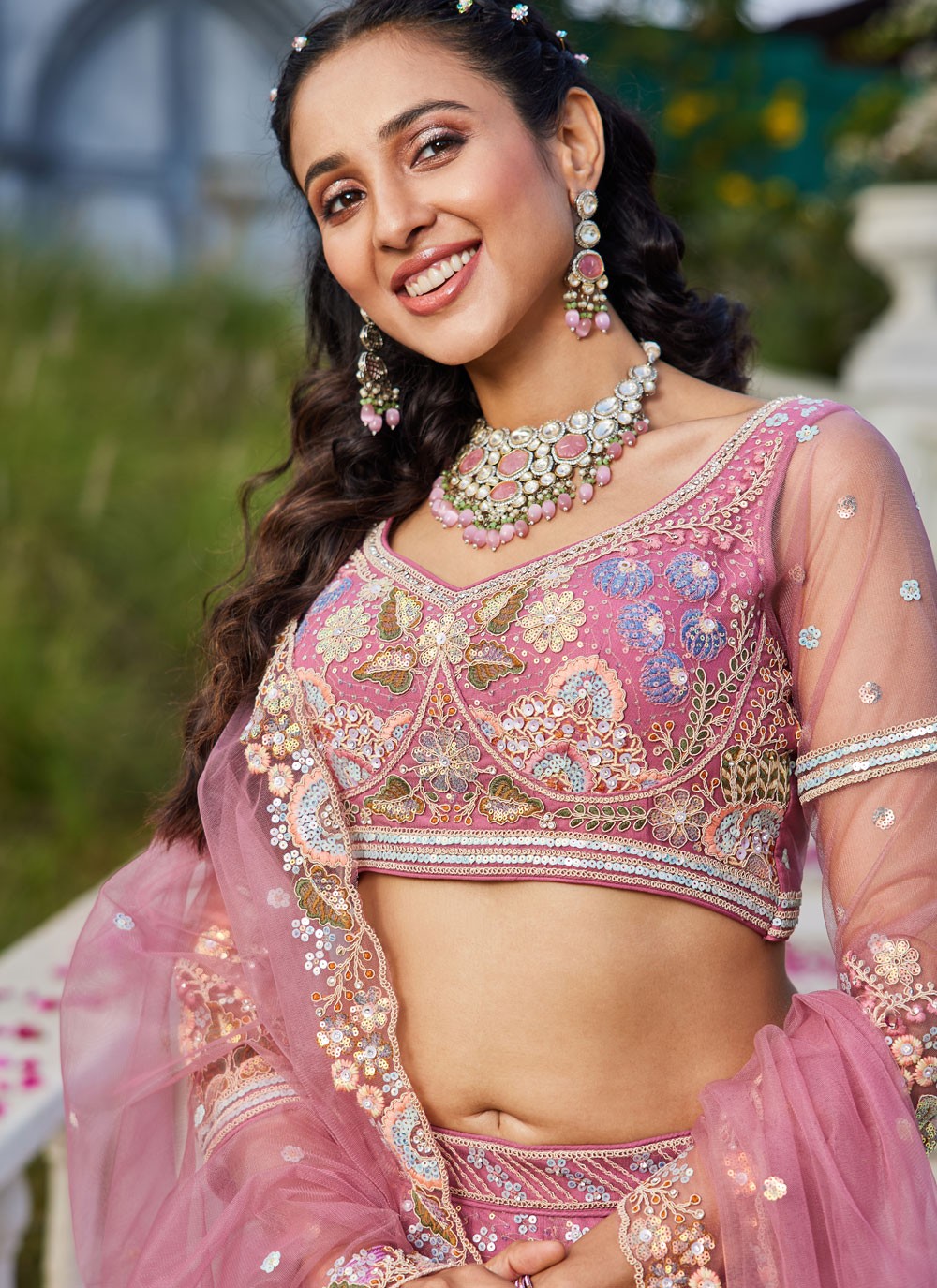 Embroidered Net Pink Lehenga - L3364