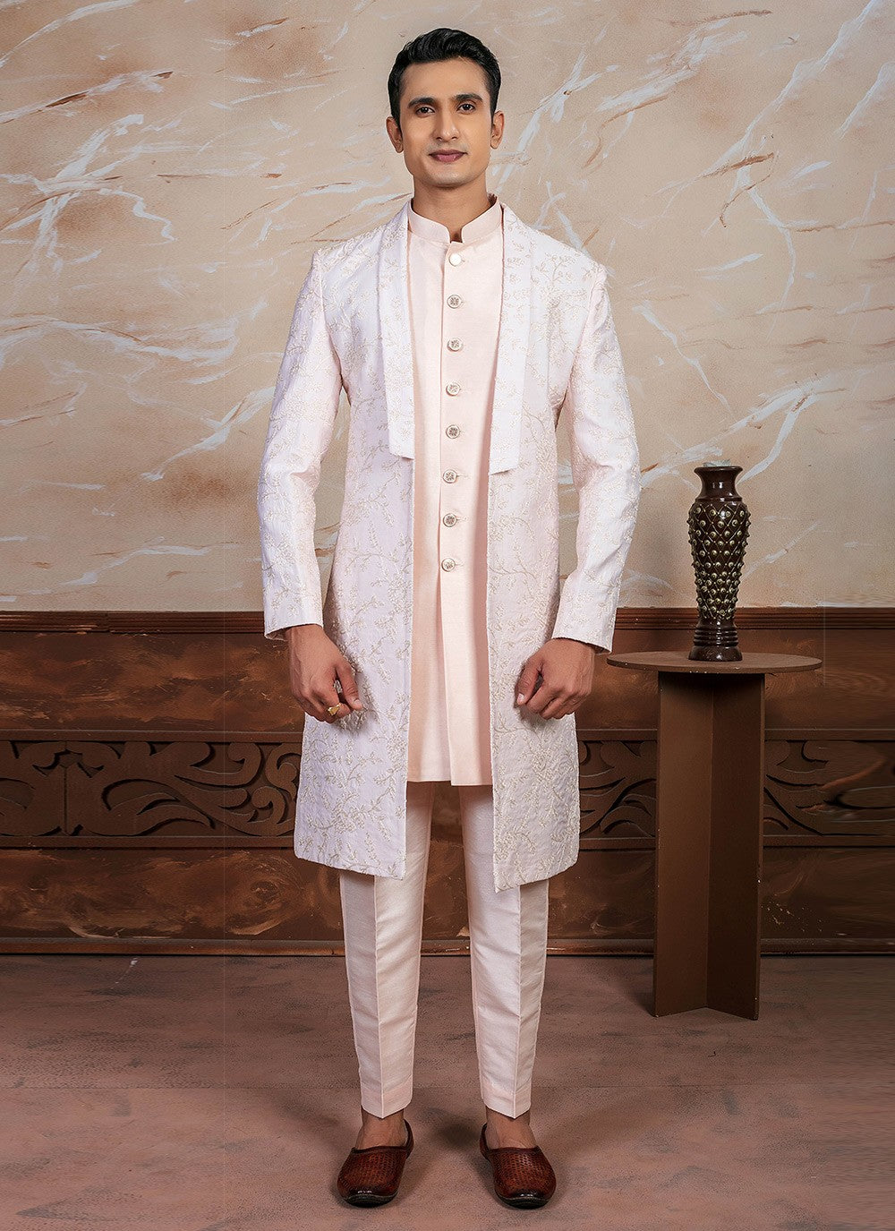 Embroidered Silk Off White, Peach Sherwani - M8315