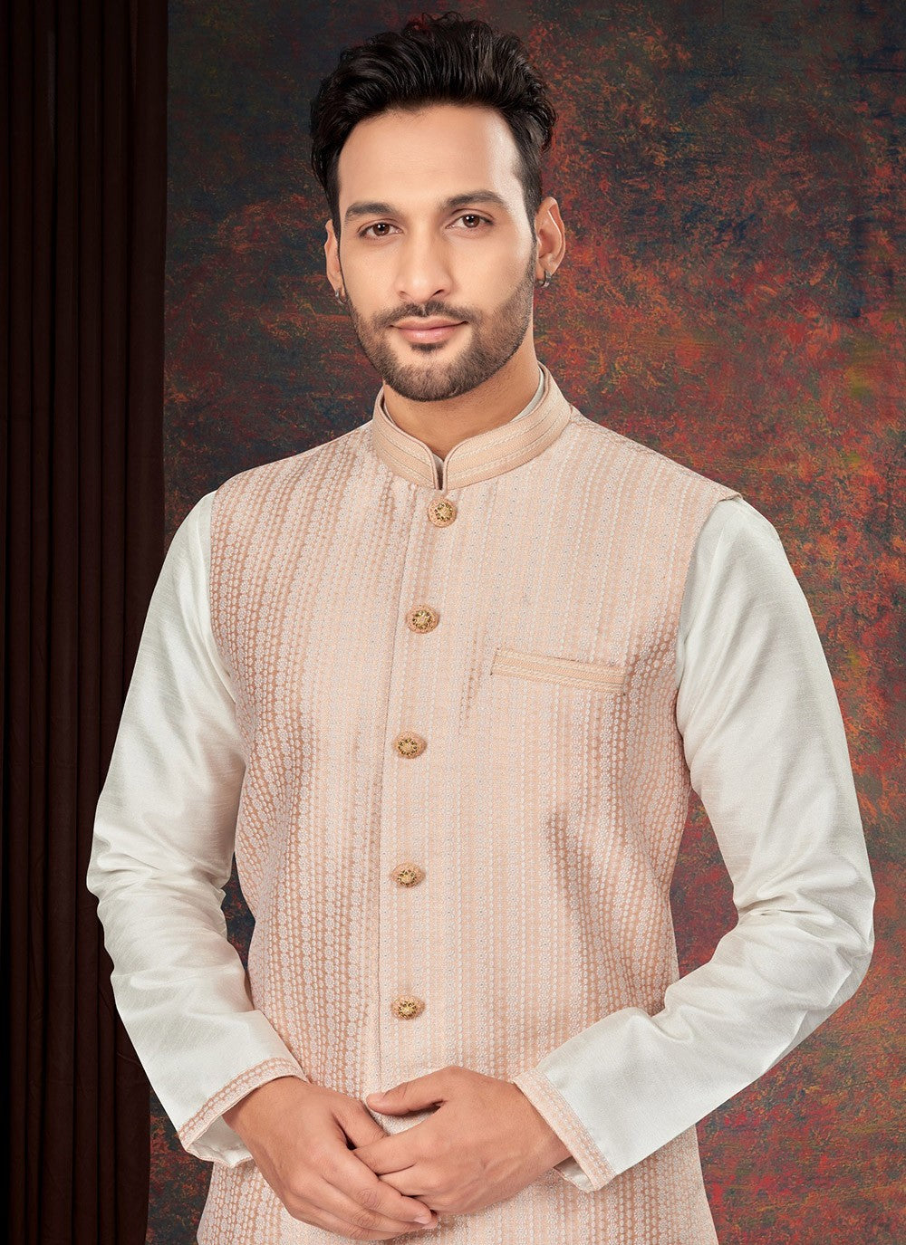 Fancy Work Jacquard Off White, Peach Kurta Payjama With Jacket - M7178