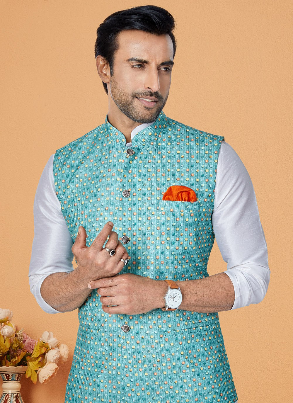 Embroidered Banarasi Silk, Polyester Off White, Rama Kurta Payjama With Jacket - M5545