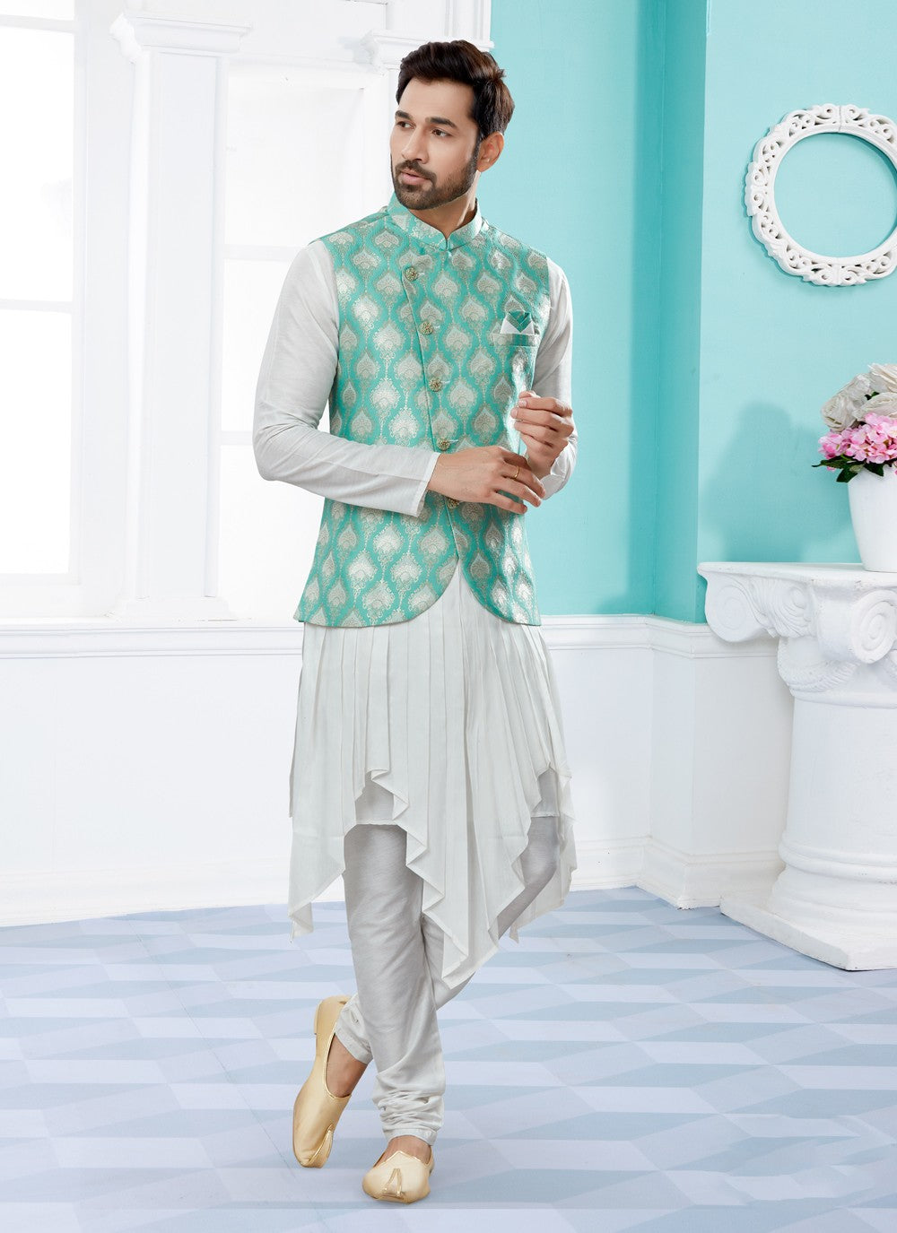 Jacquard Work Banarasi Silk, Dupion Silk Off White, Rama Indo Western - M4044