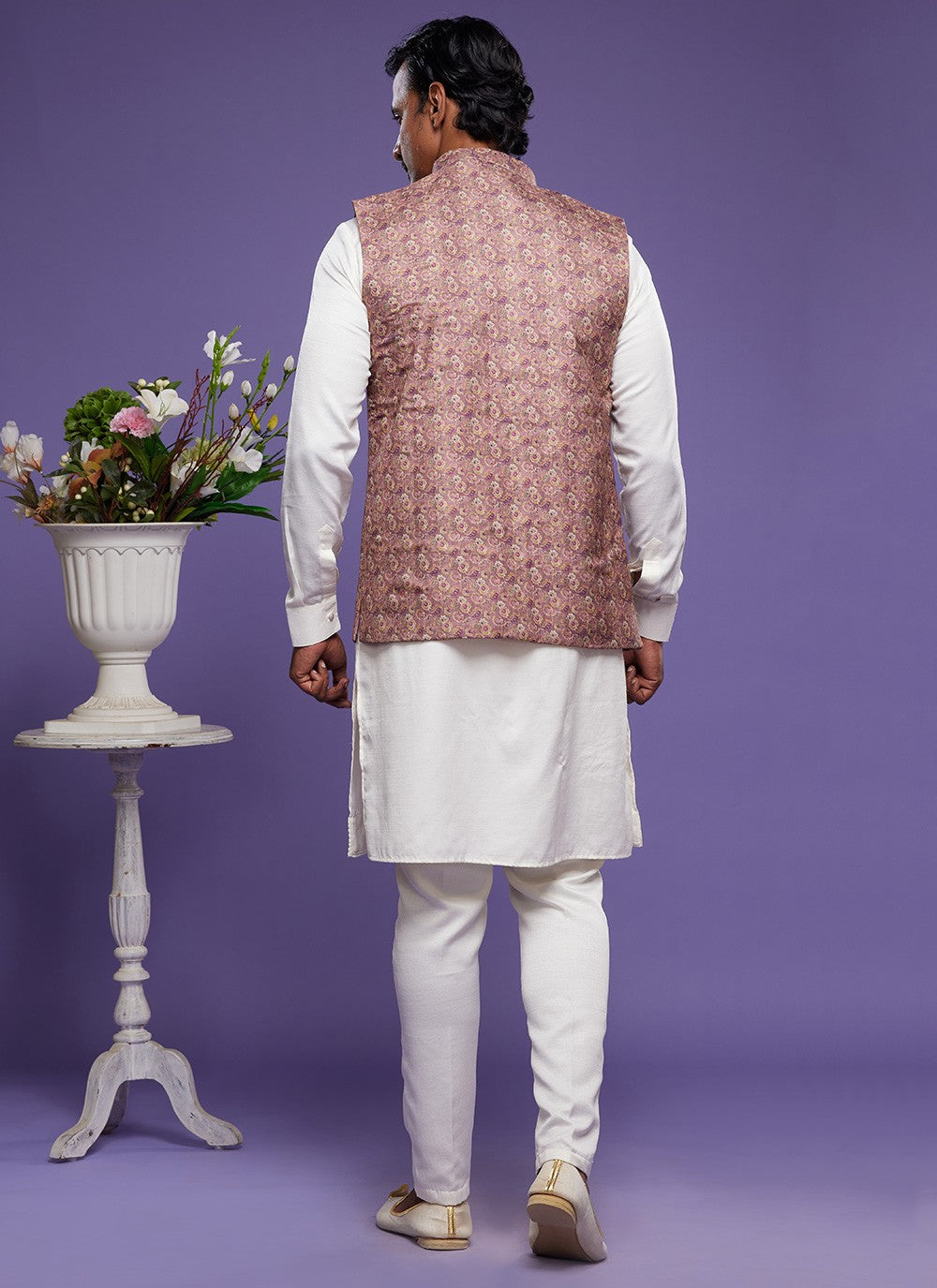 Digital Print Banarasi Silk Off White, Rust Kurta Payjama With Jacket - M6078