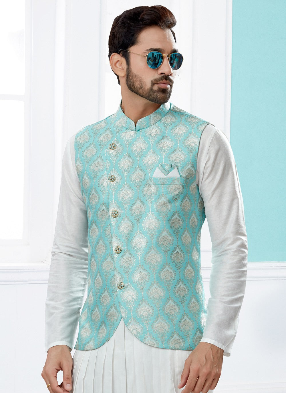 Jacquard Work Banarasi Silk, Dupion Silk Off White, Turquoise Indo Western - M4039