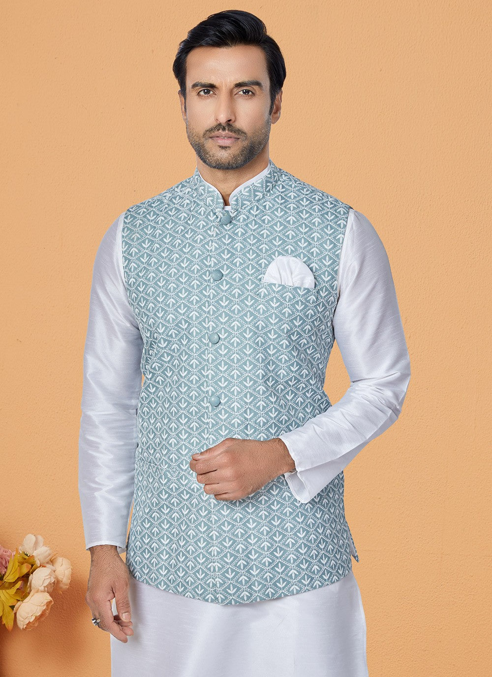Fancy Work Banarasi Silk Off White, Turquoise Kurta Payjama With Jacket - M5309