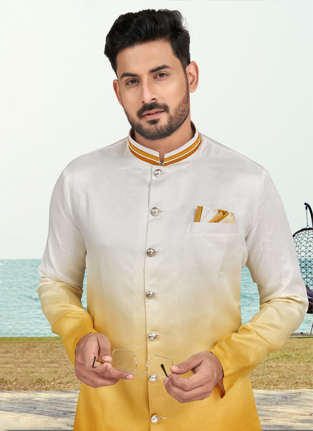 Buttons Silk Off White, Yellow Indo Western - M6603