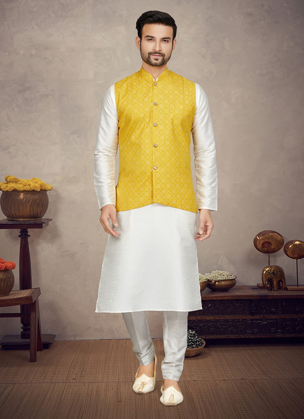 Digital Print Art Silk Off White, Yellow Kurta Payjama With Jacket - M5846