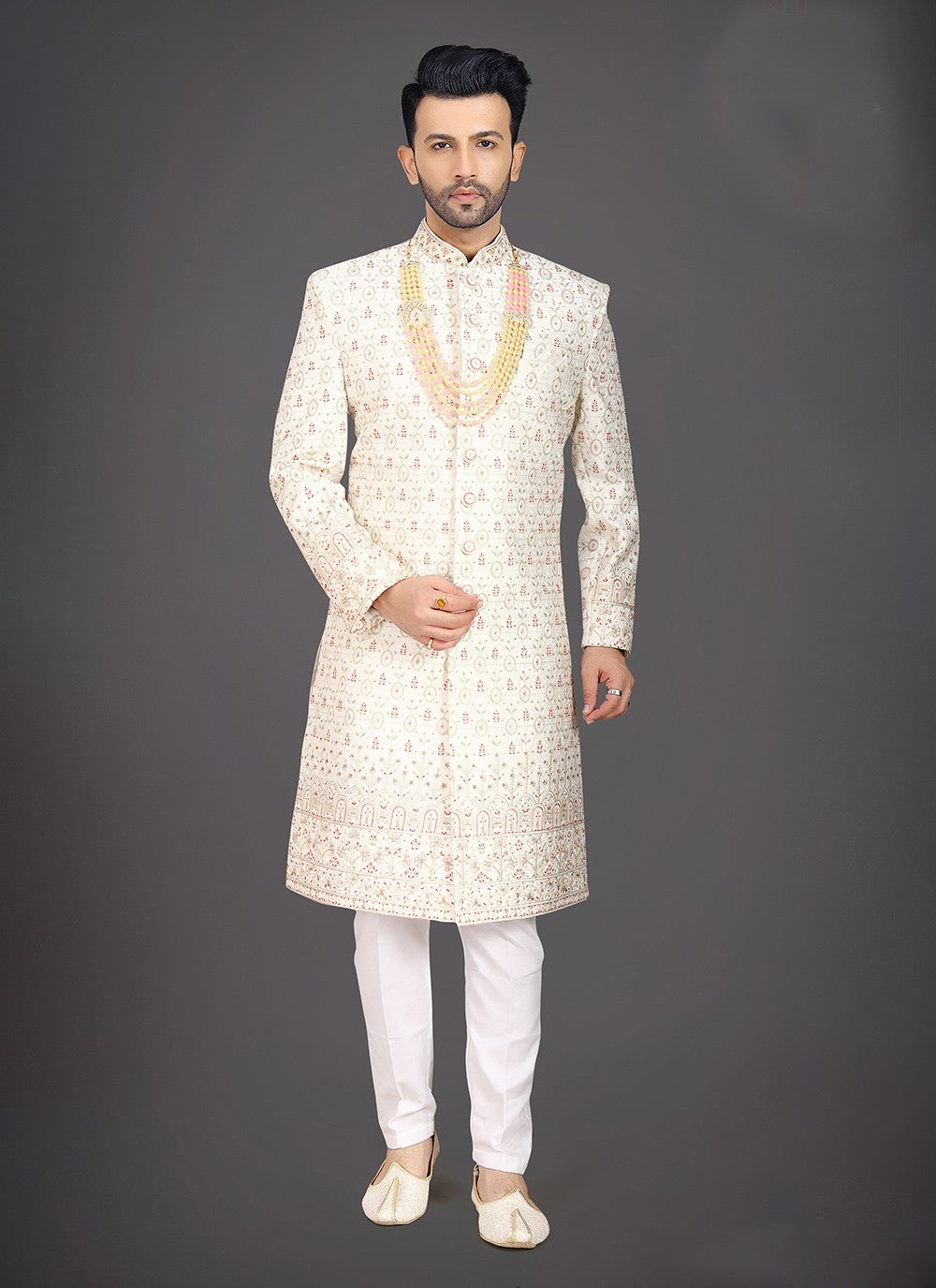 Embroidered Silk Off White Sherwani - M7963
