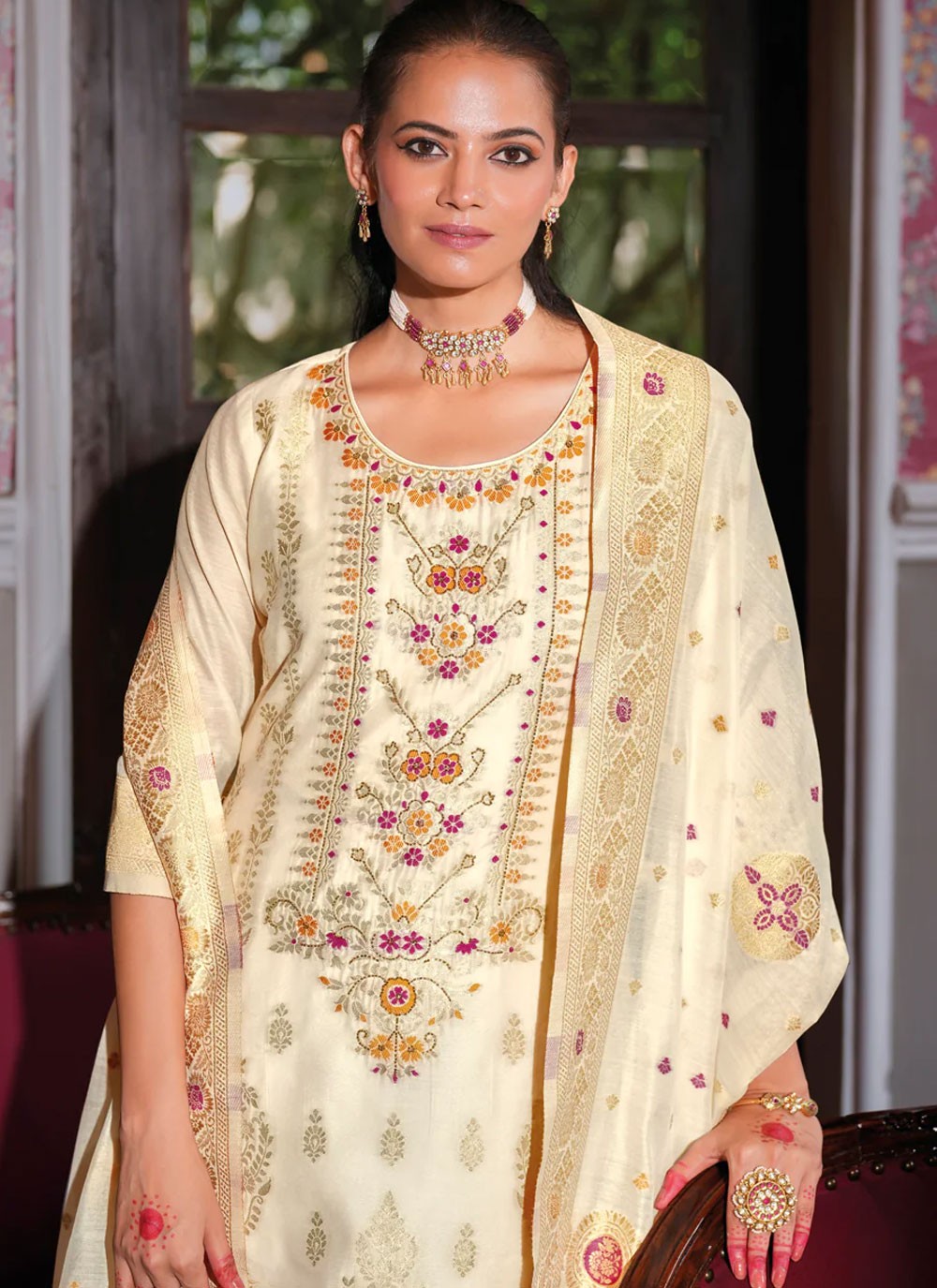 Jacquard Work Banarasi Jacquard Off White Salwar Suit T6111
