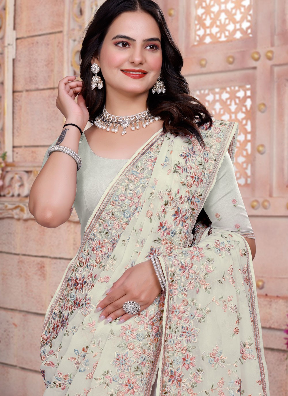 Embroidered Georgette Off White Saree S14832