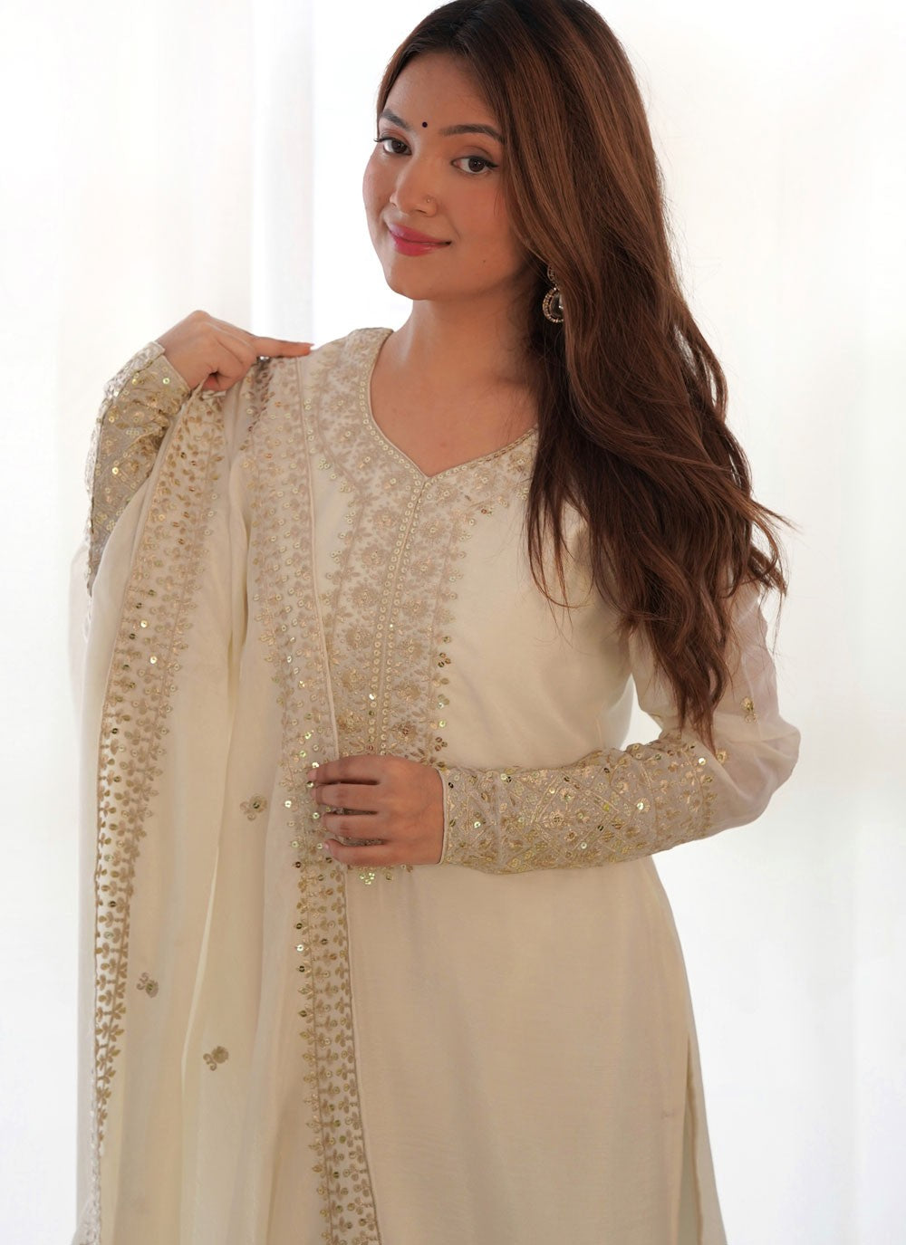 Pant Style Suit Embroidered, Sequins, Zari Off White T6998