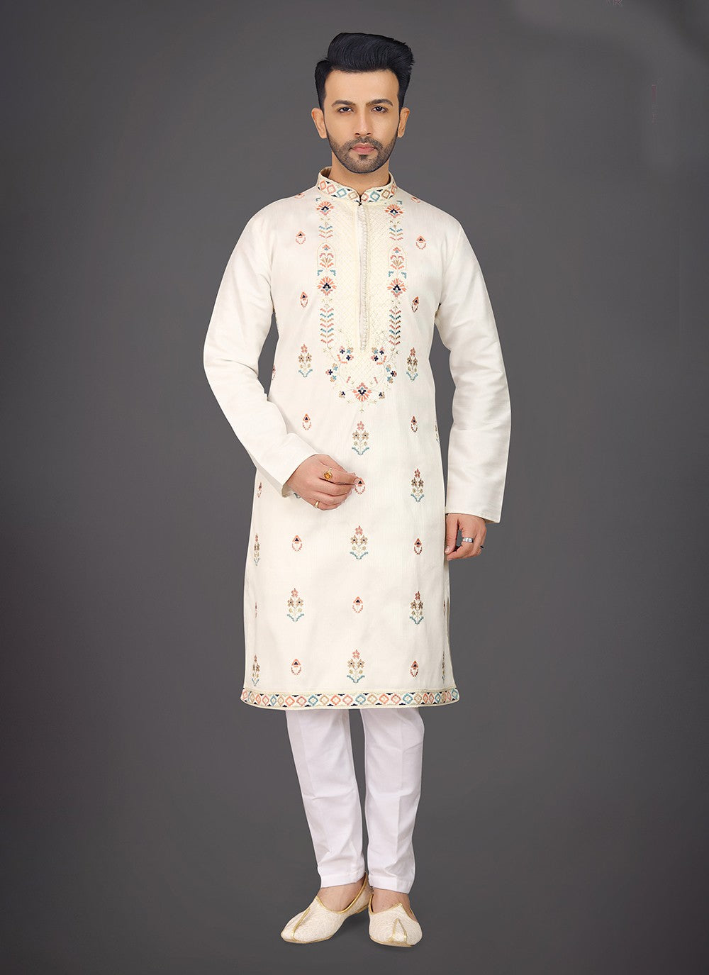 Embroidered Silk Off White Sherwani - M7987