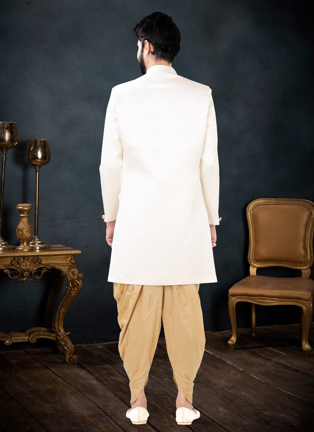 Woven Jacquard Off White Indo Western Sherwani - M4455