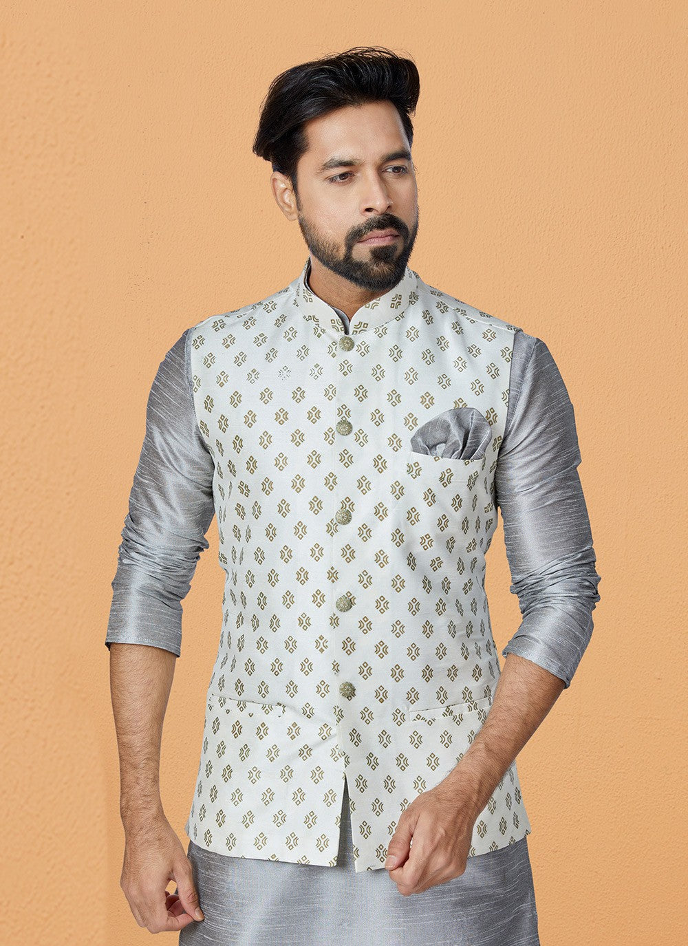 Printed Banarasi Silk Off White Nehru Jackets - M7492