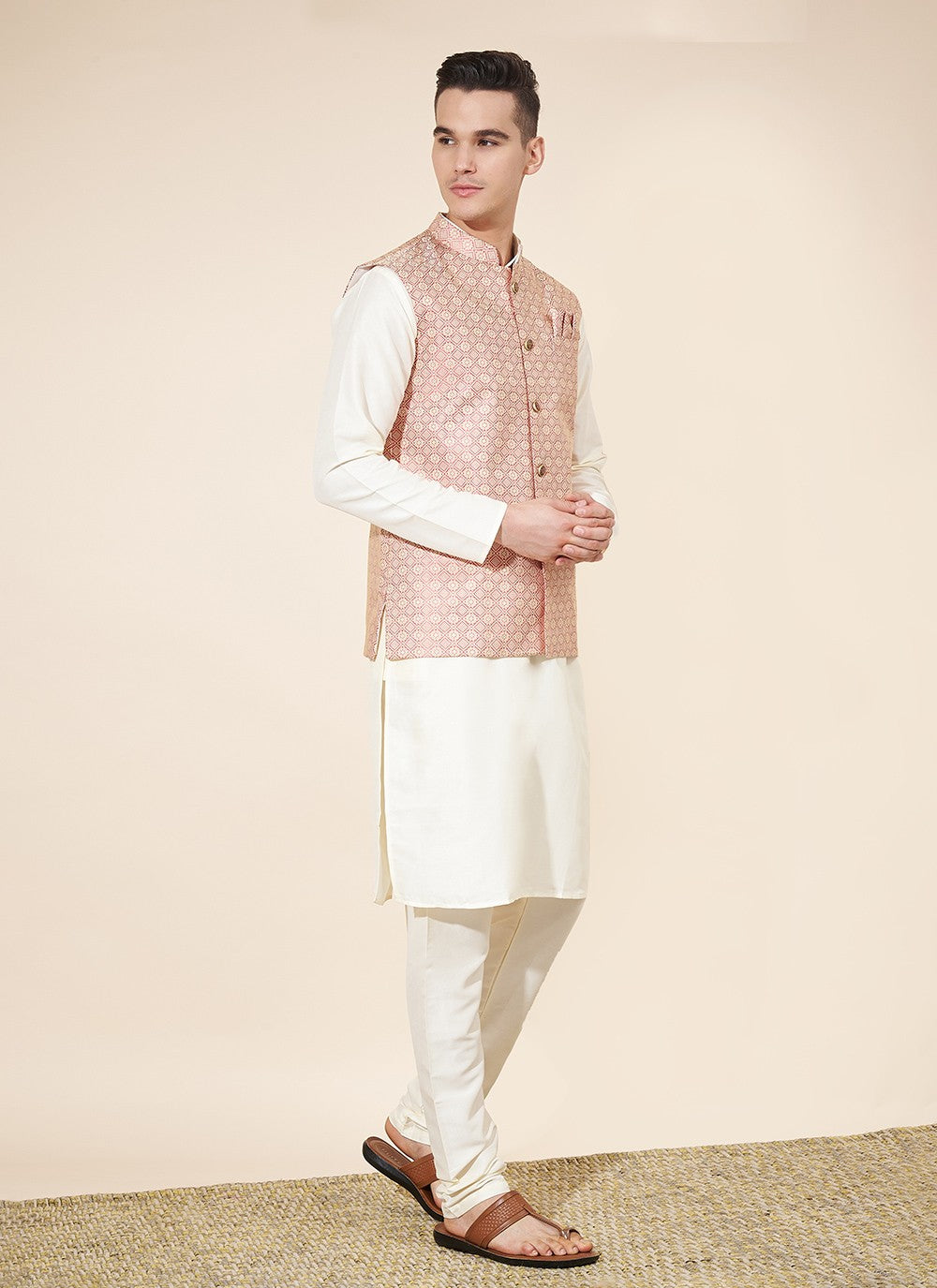 Jacquard Work Pure Silk Off White Kurta Payjama With Jacket - M8024
