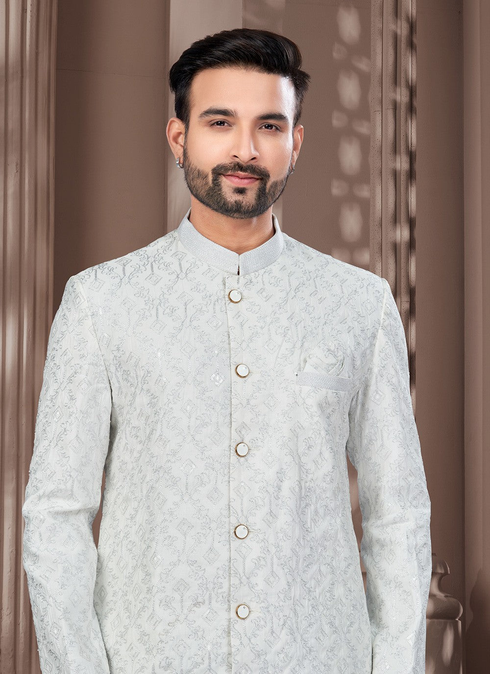 Machine Embroidery Silk Off White Sherwani - M8618