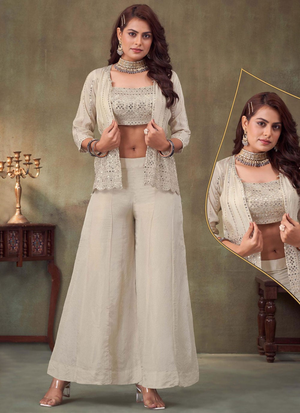 Palazzo Suit Embroidered, Mirror, Zari Off White T7778