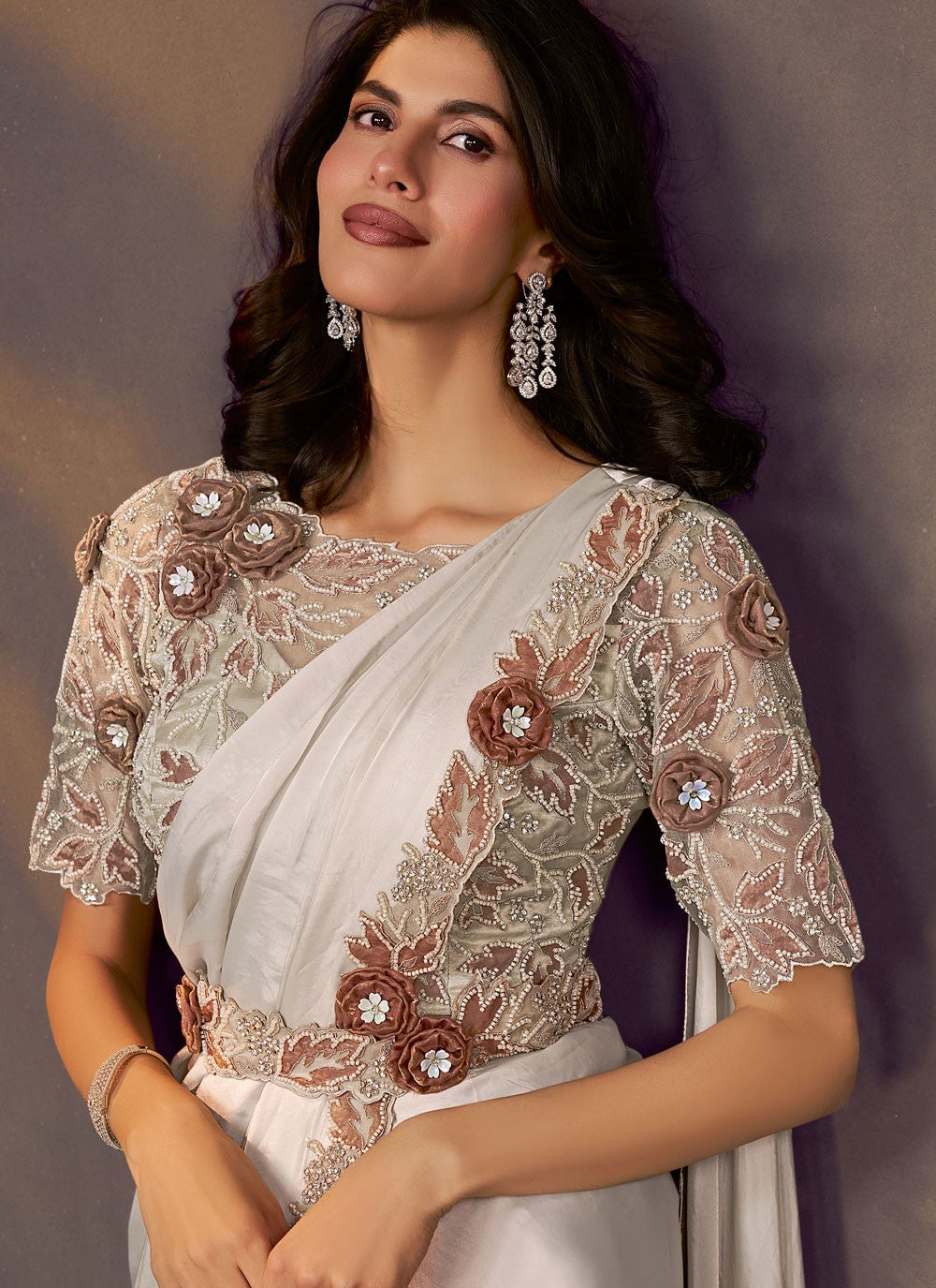 Off White Satin Silk Classic Saree Beads, Embroidered S20482