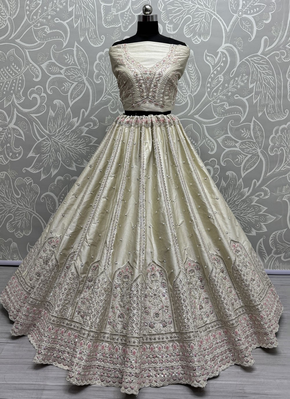 Beads Silk Off White Lehenga - L3419