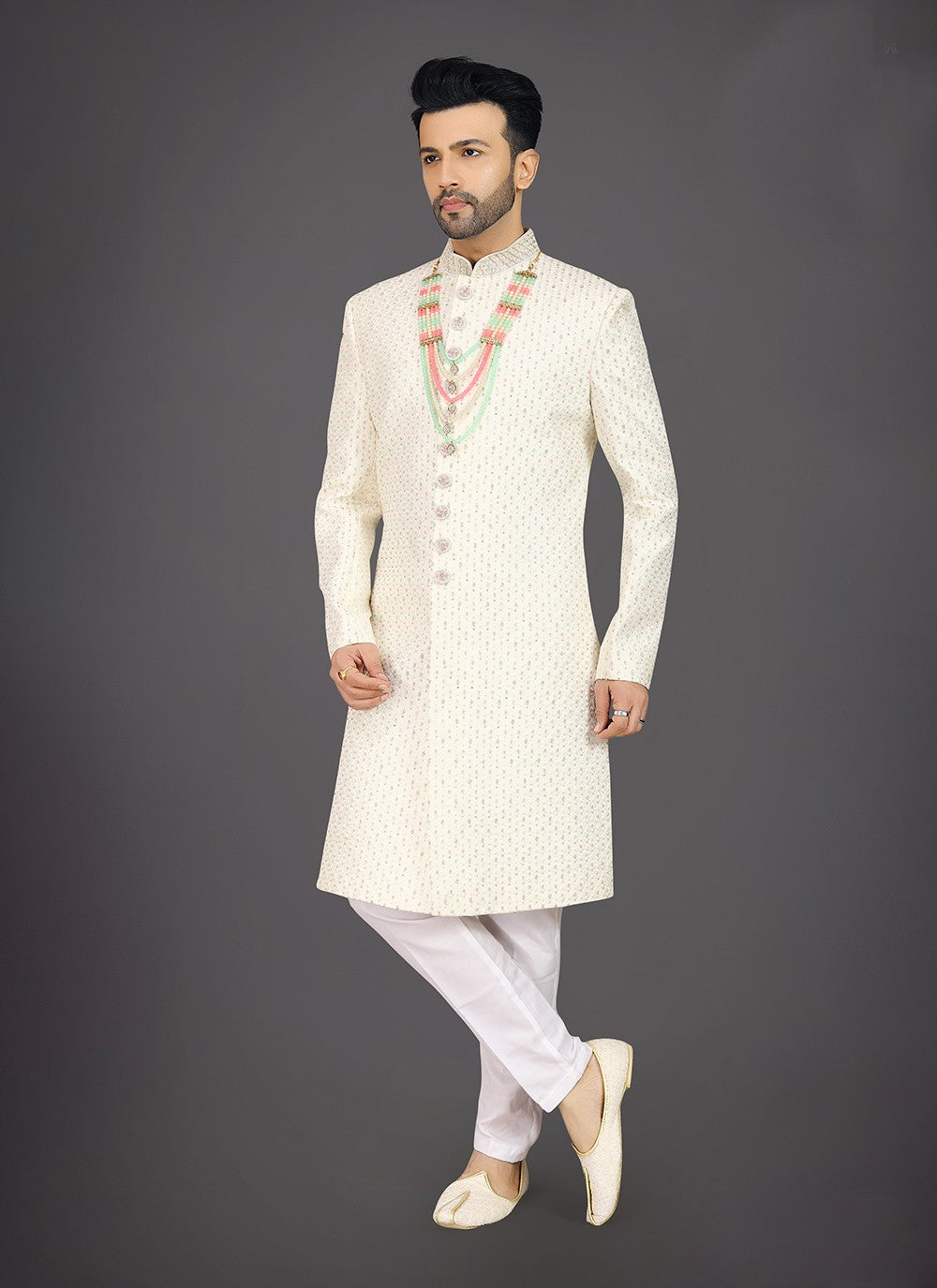 Embroidered Silk Off White Sherwani - M7974