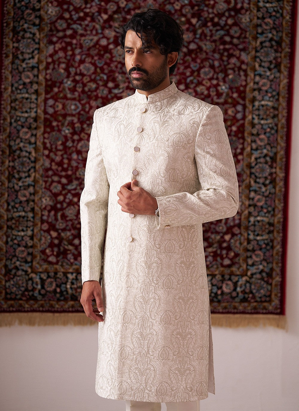Embroidered Silk Off White Sherwani - M8425