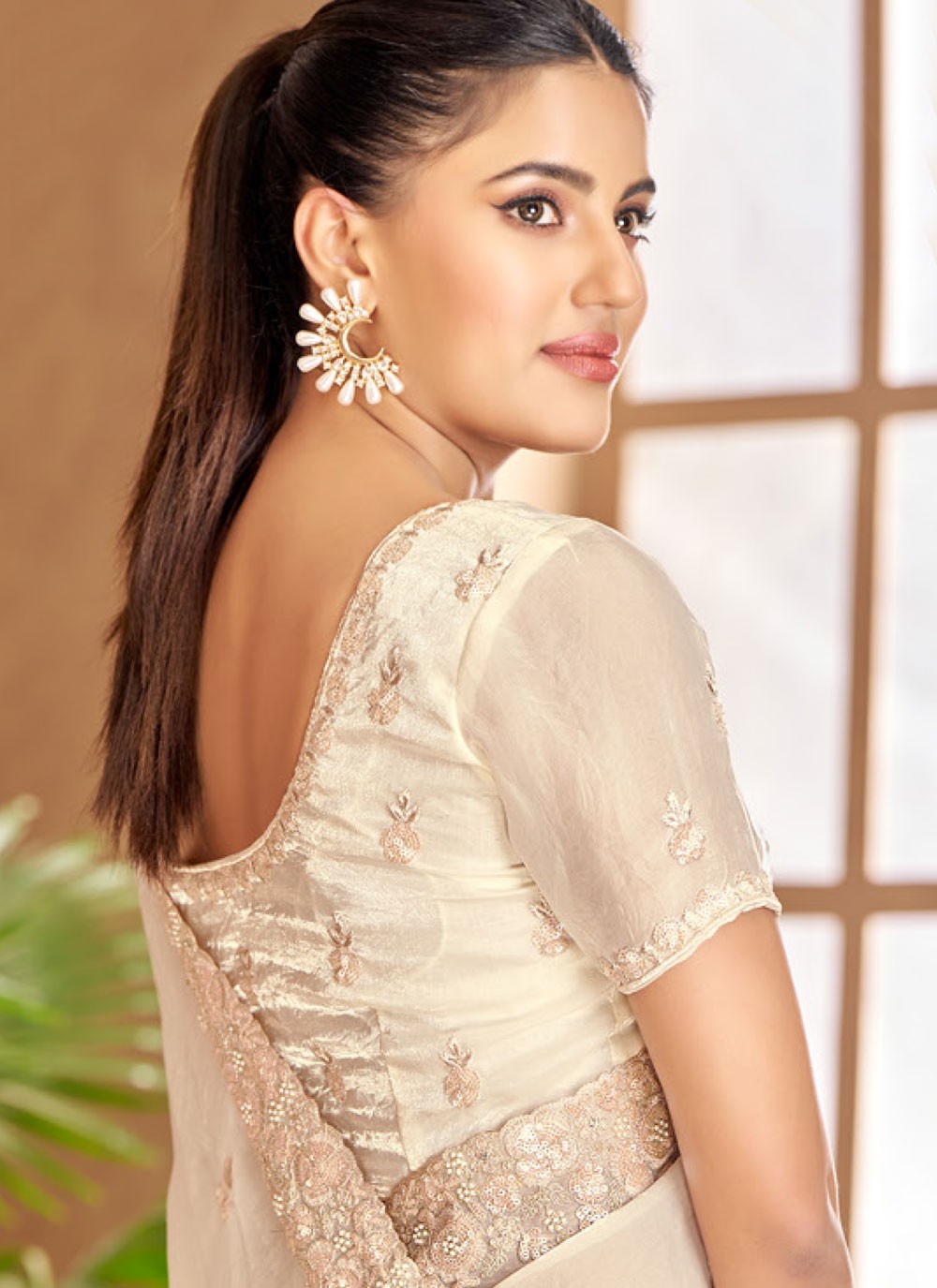 Trendy Saree Cut Work Off White Satin Saree S13356