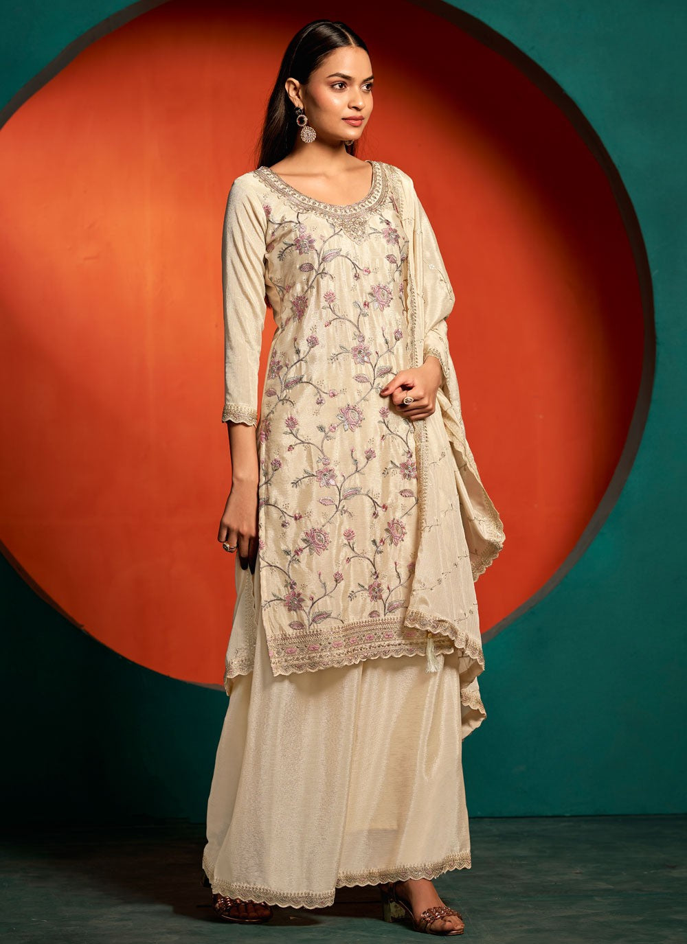 Palazzo Suit Embroidered, Thread, Zari Off White T7387