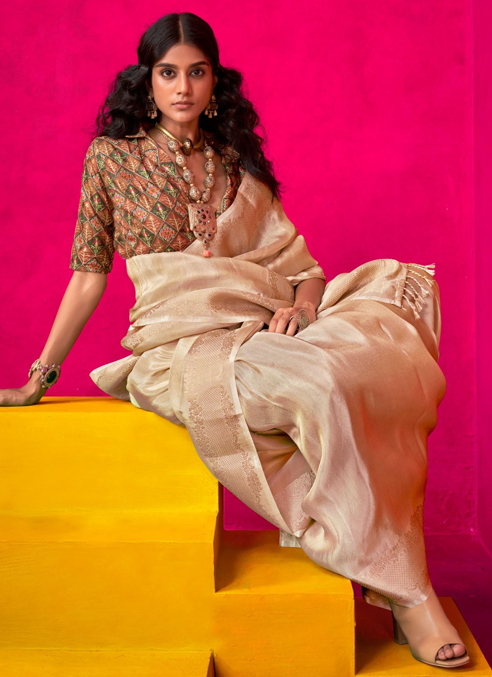 Traditional Weaving Zari Off White Tissue Saree S13508