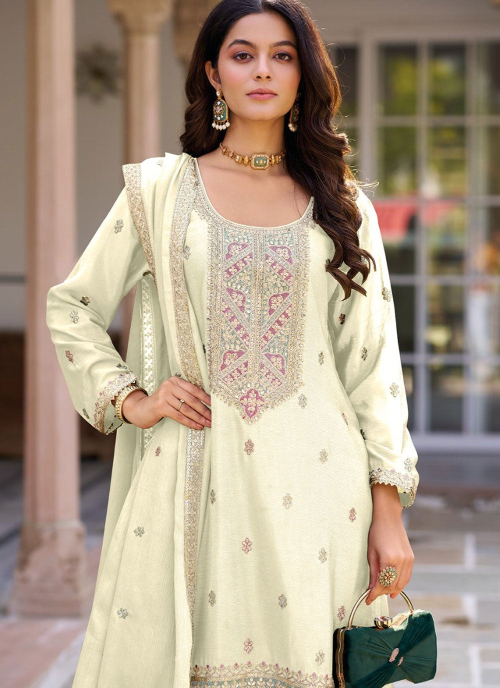 Salwar Suit Embroidered Off White Chinon T5900
