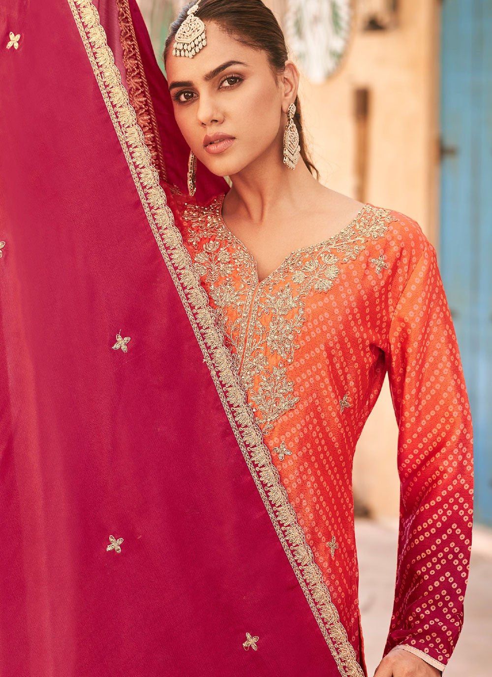 Salwar Suit Embroidered Hot Pink, Orange Chinon T5784