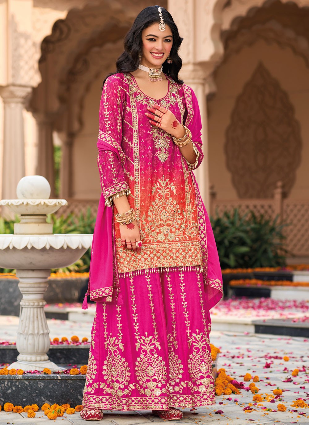 Salwar Suit Embroidered Hot Pink, Orange Chinon T5406