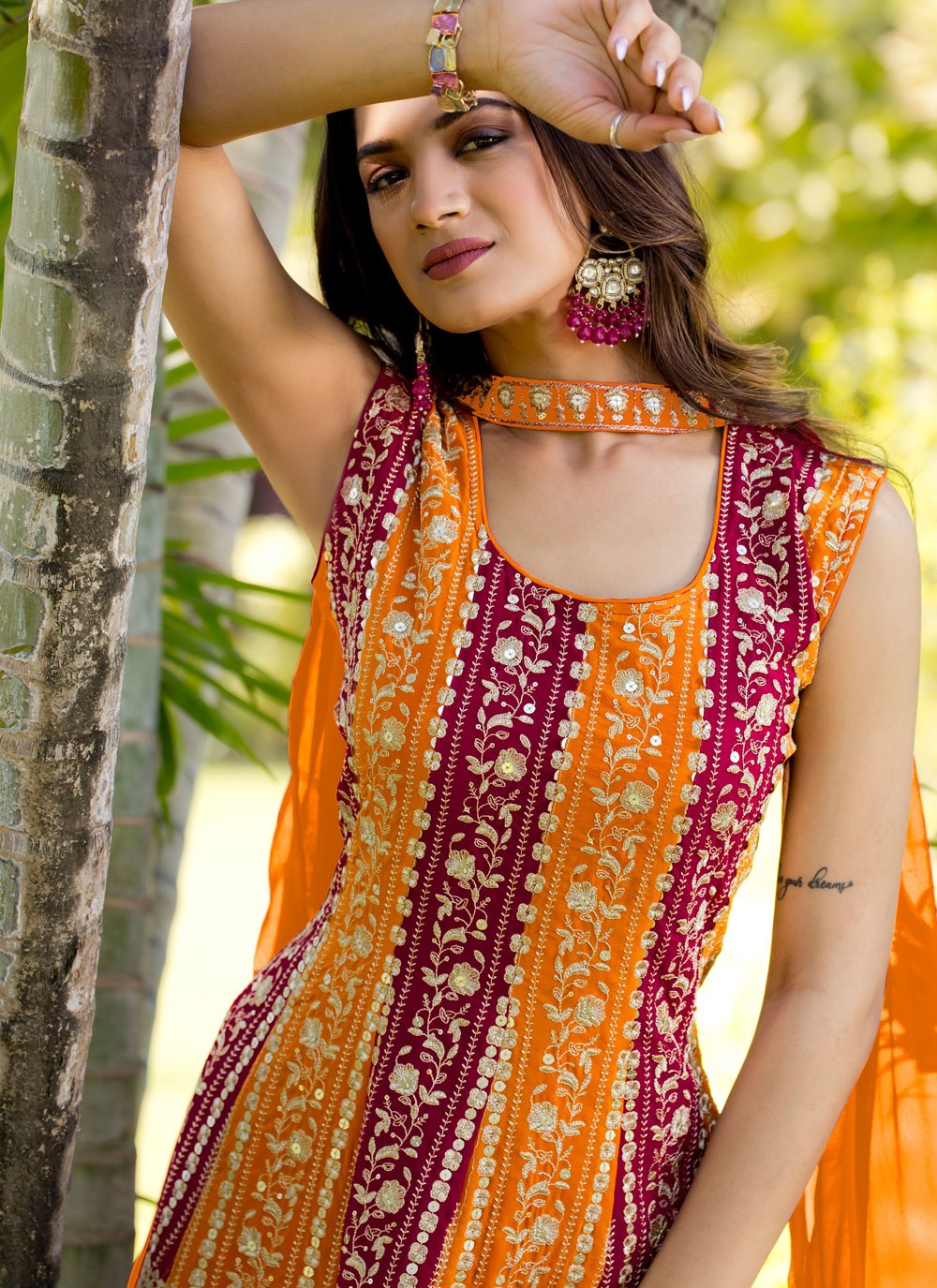 Salwar Suit Embroidered Hot Pink, Orange Faux Georgette T5883