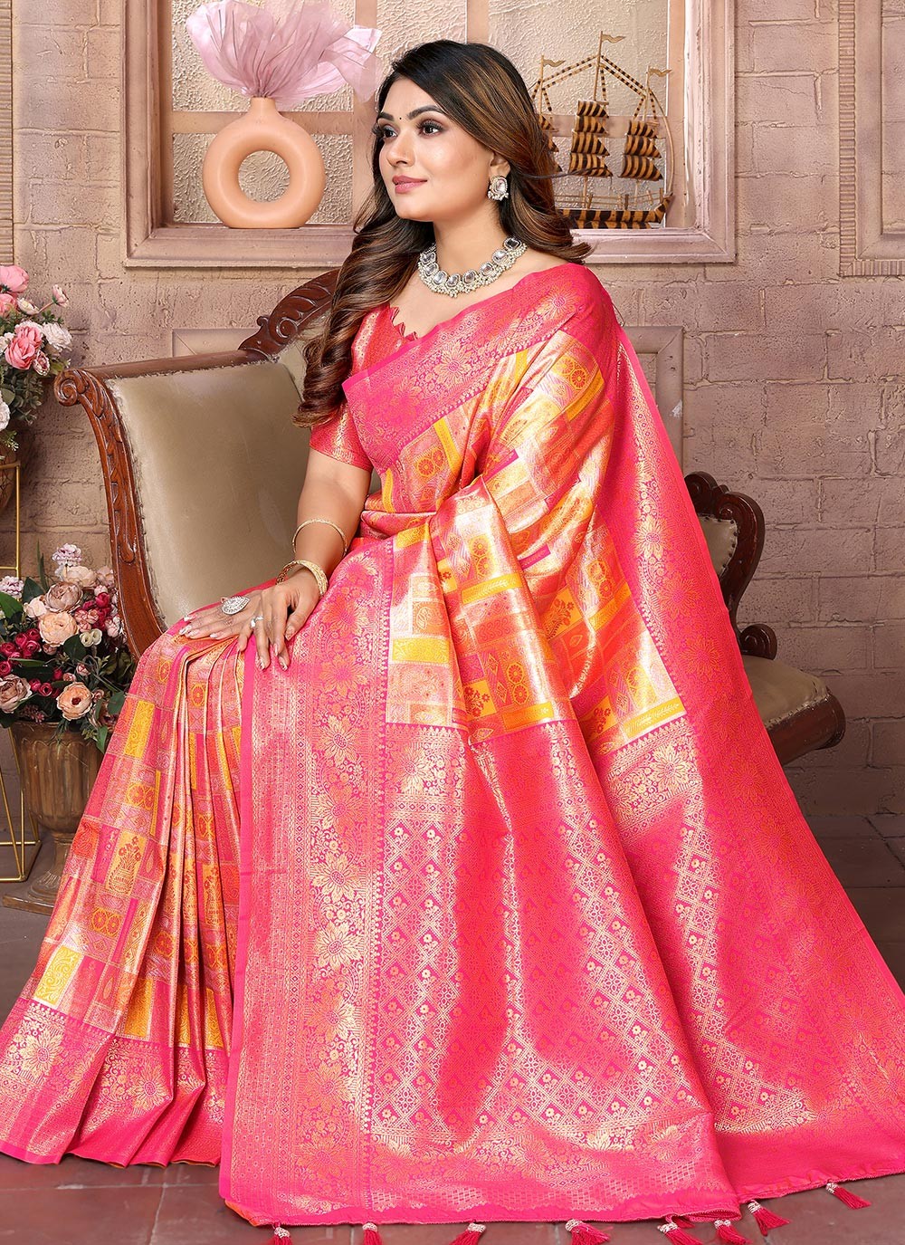 Woven Banarasi Silk Orange Classic Saree S15063