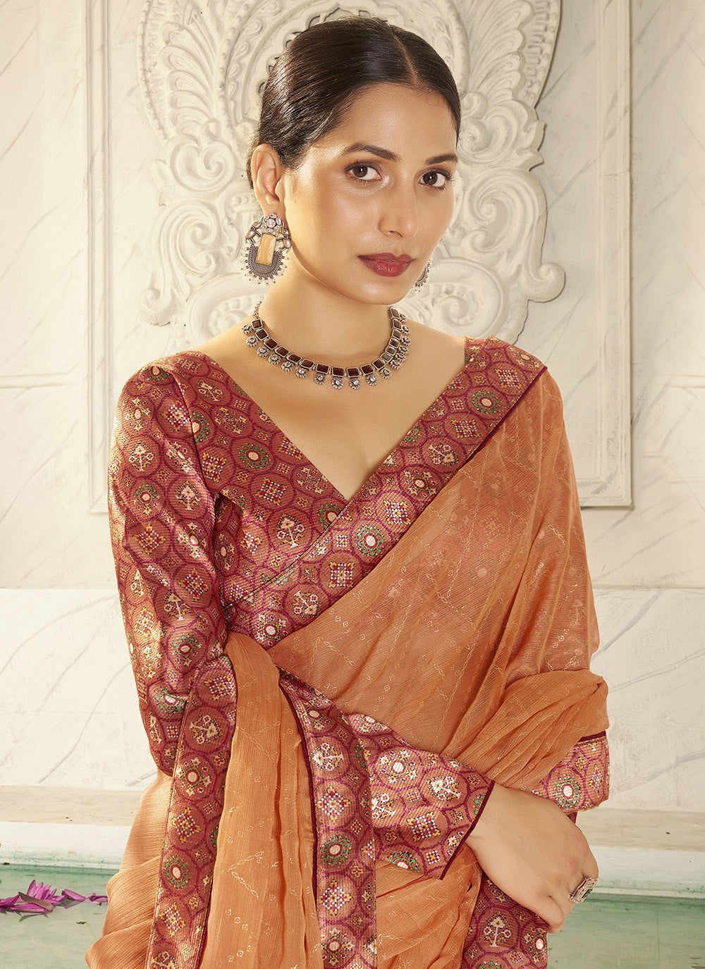 Foliage Prints Chiffon Orange Trendy Saree S15273