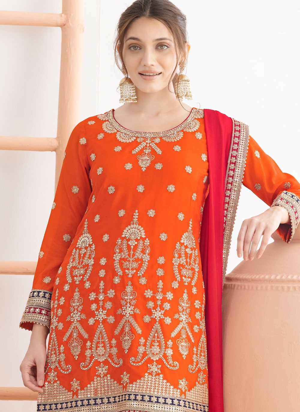 Sharara Suit Dori Work, Embroidered, Sequins Orange T8536