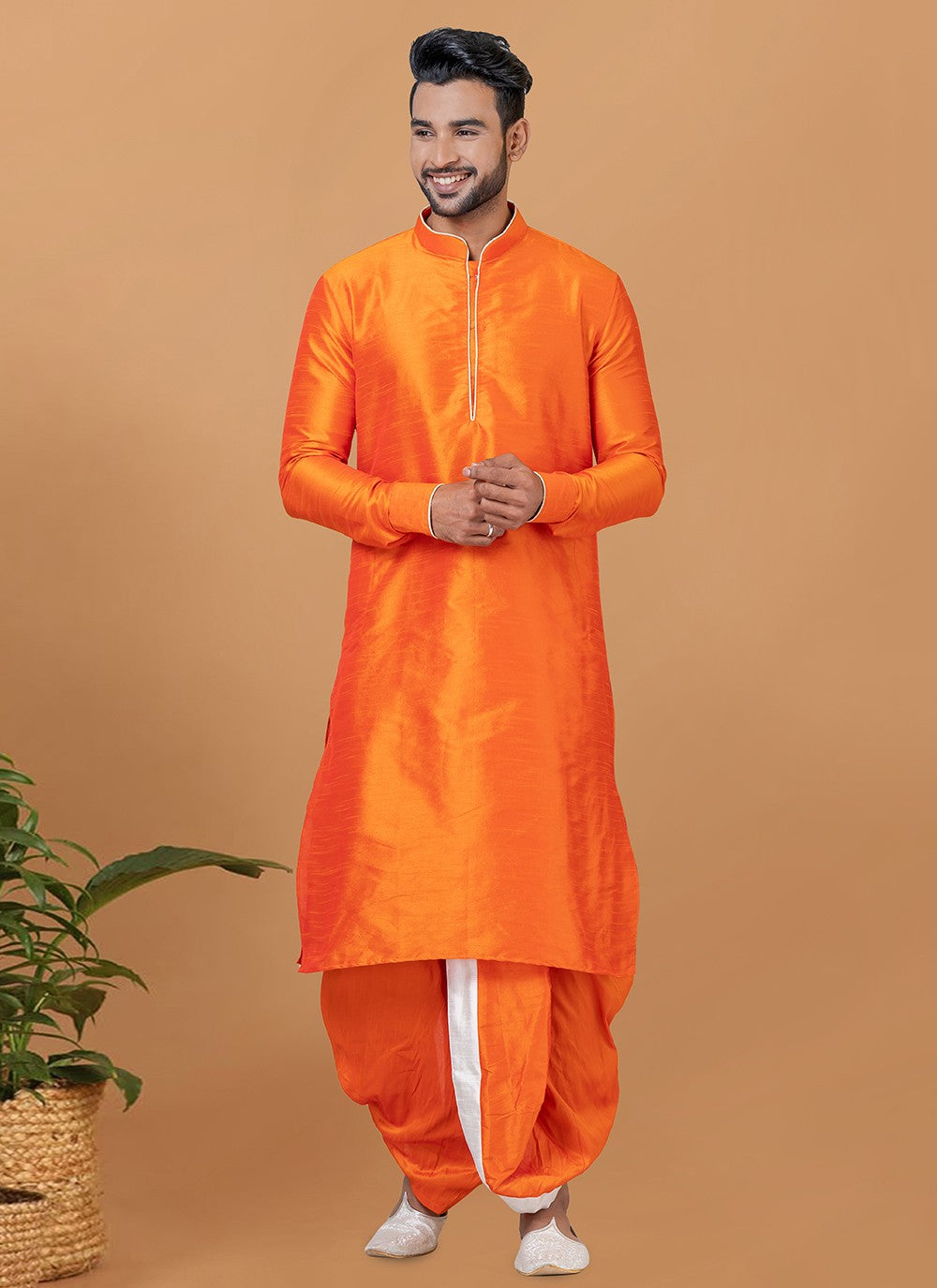 Plain Banarasi Silk Orange Dhoti Kurta - M5953
