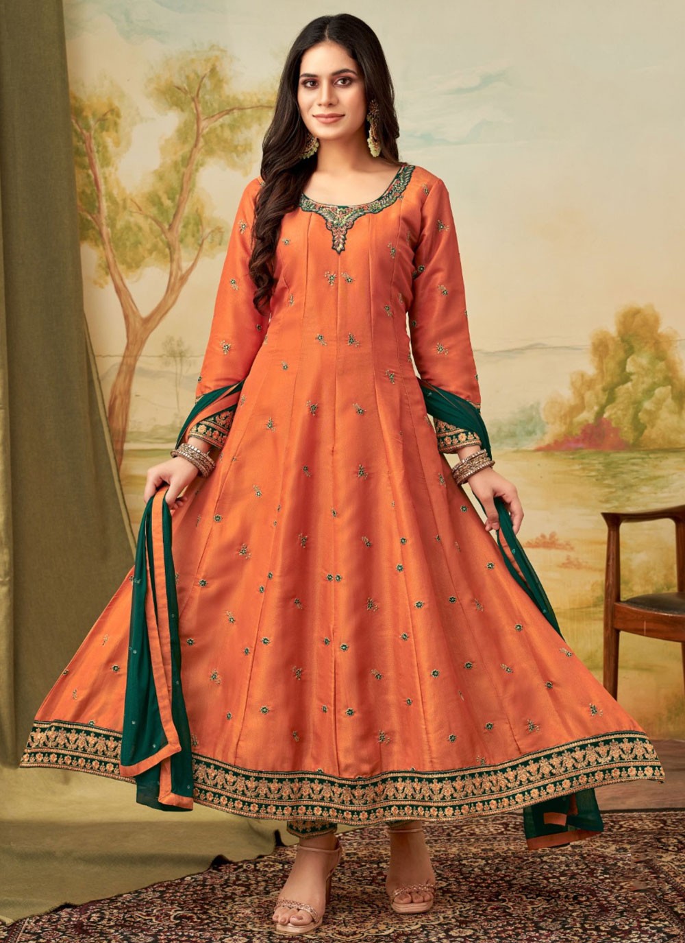 Anarkali Embroidered Orange Jacquard T5466
