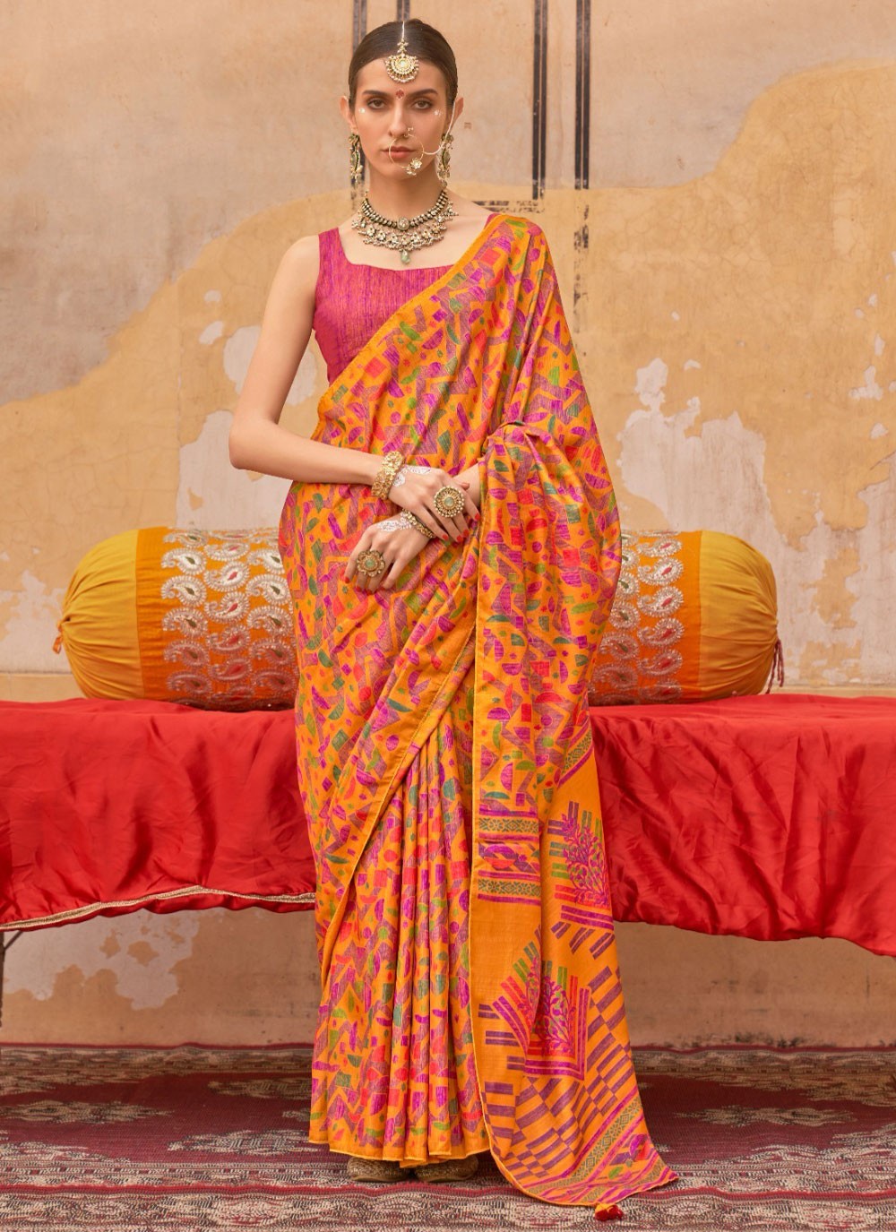 Fancy Work Silk Orange Saree S14769