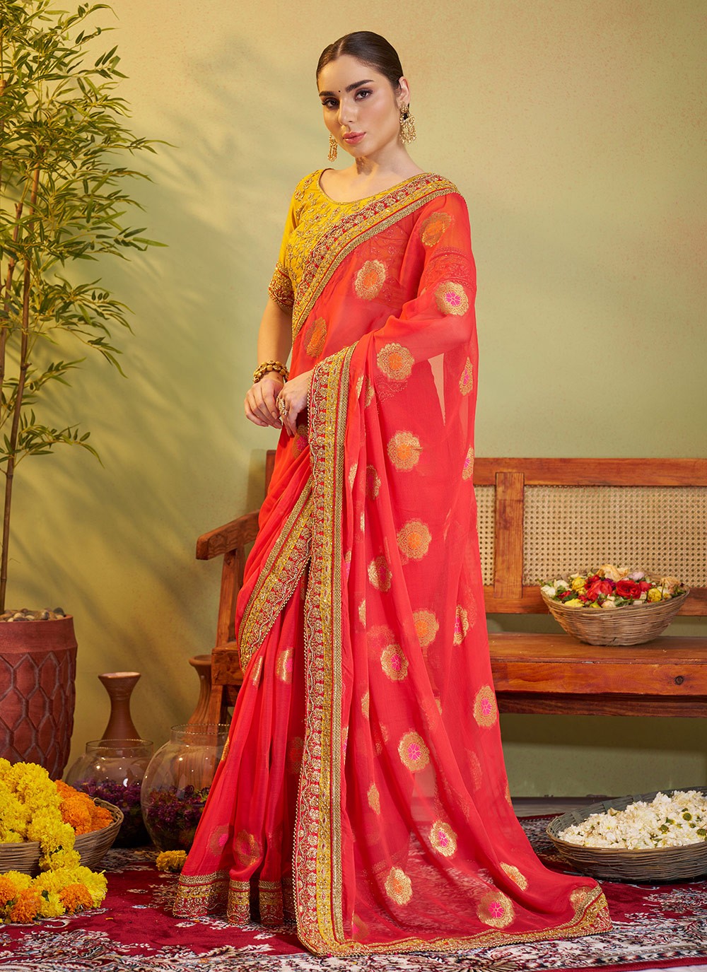 Embroidered Viscose Orange Saree S14723