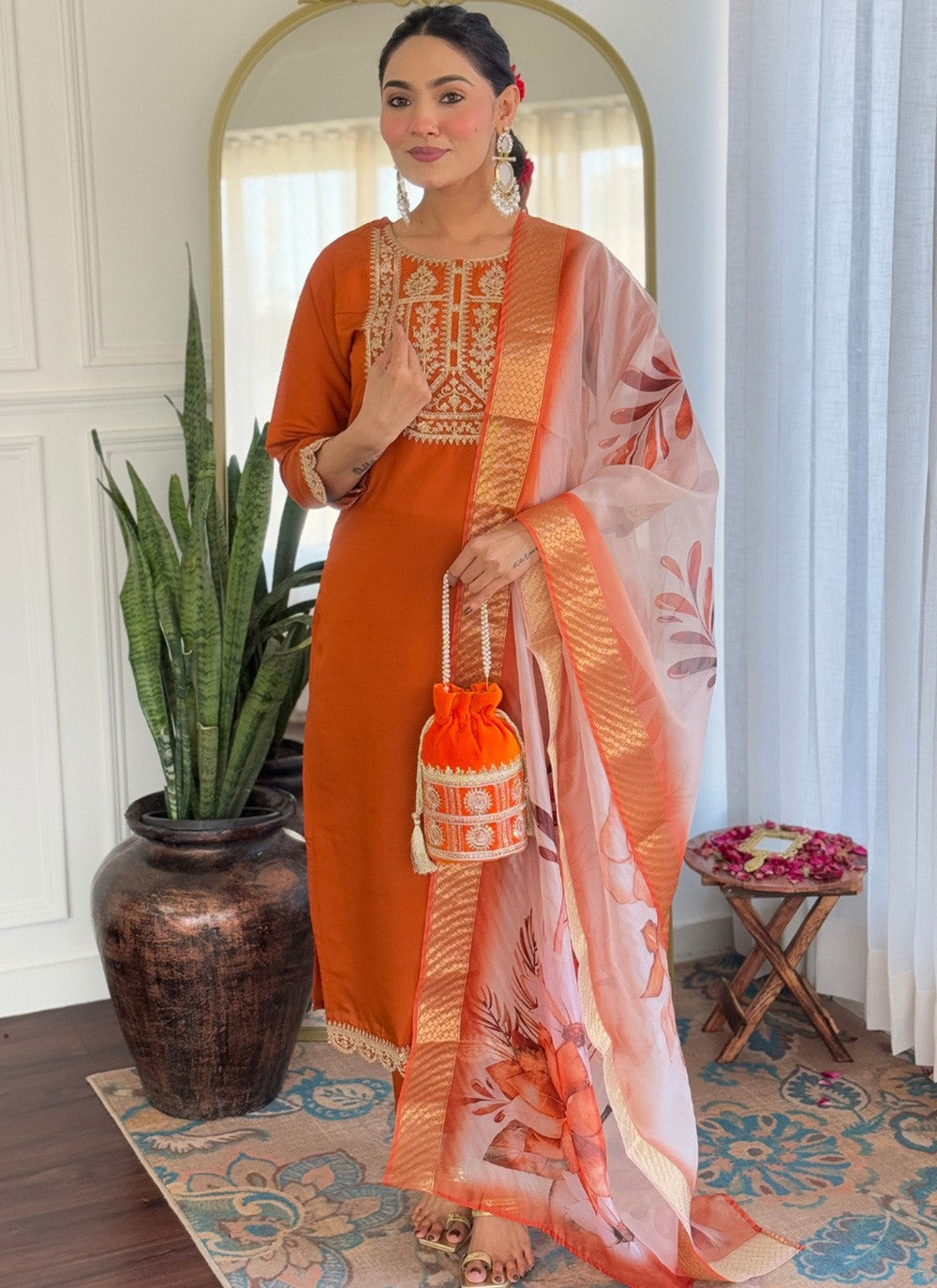 Salwar Suit Embroidered, Printed Orange T7370